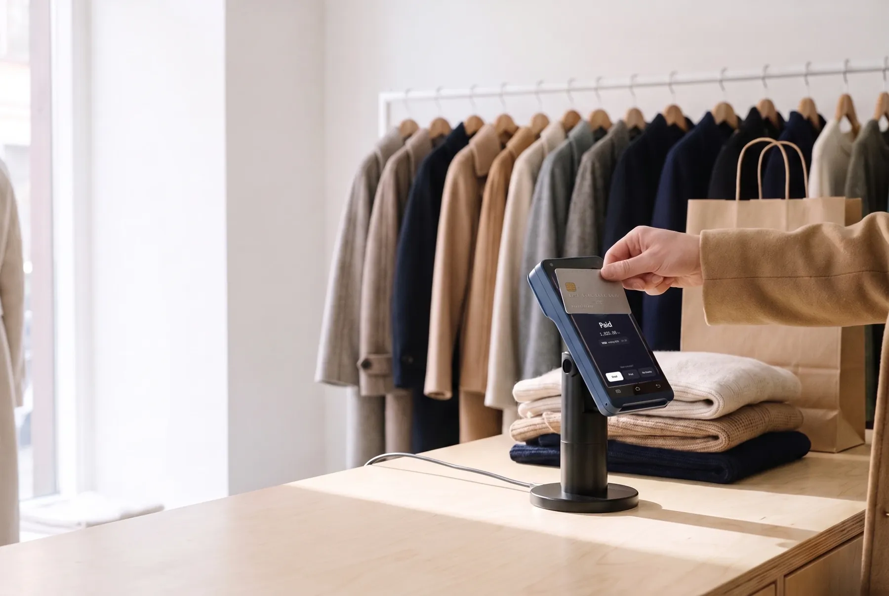 A customer holds a card flat against a Karo Pay terminal on its stand at a clothing store's counter; the screen says Paid.